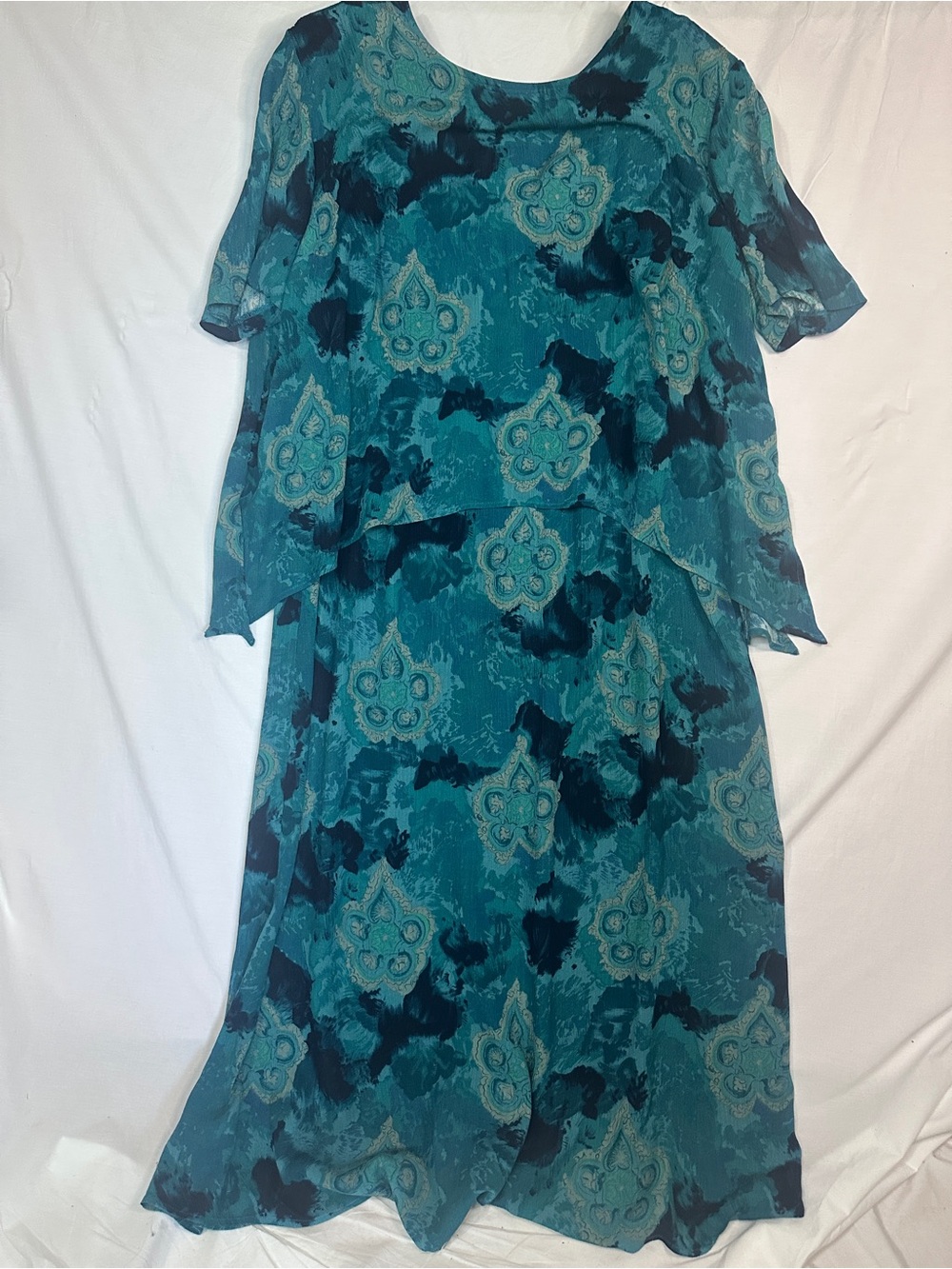 Vintage KSL Karin Stevens 2 Piece Dress Set Plus Size 24W Teal Rayon